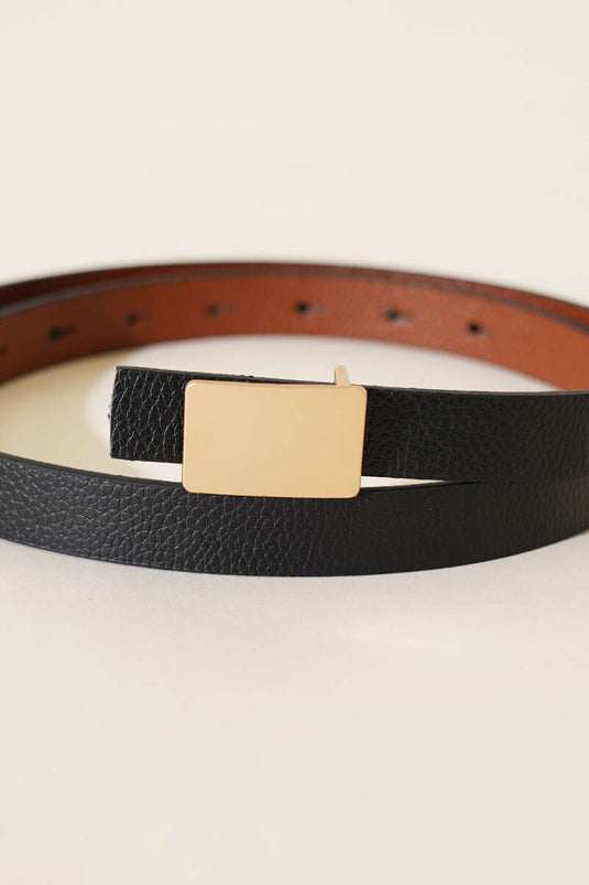 Ceinture Noire Fine À Boucle Métallique Rectangulaire