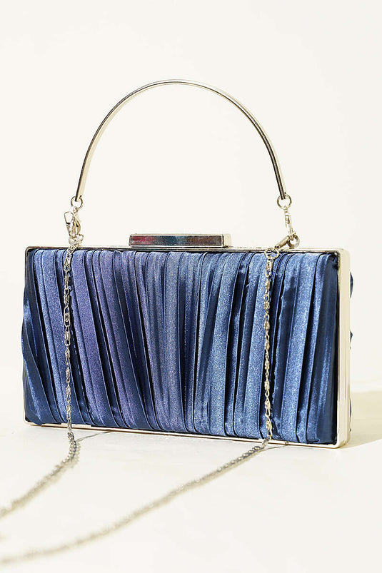 Sac de soirée plissé en satin rectangulaire bleu marine