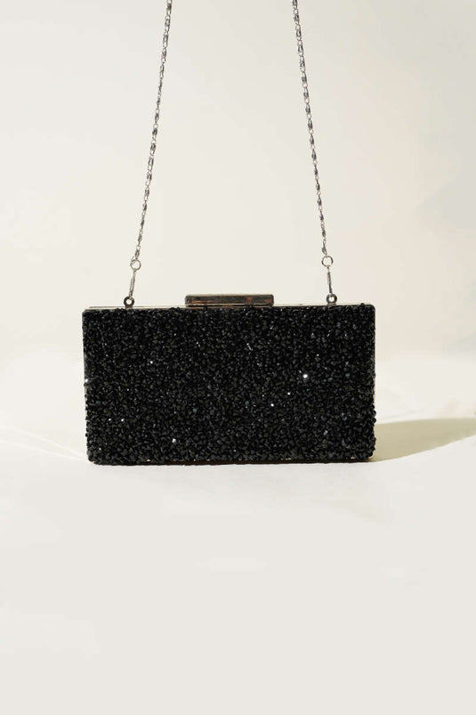 Rectangular Embellished Evening Bag, Black