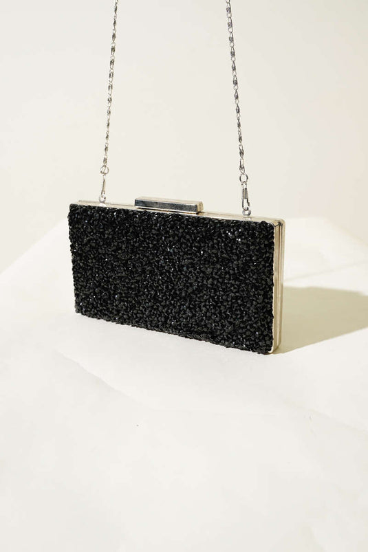 Rectangular Embellished Evening Bag, Black