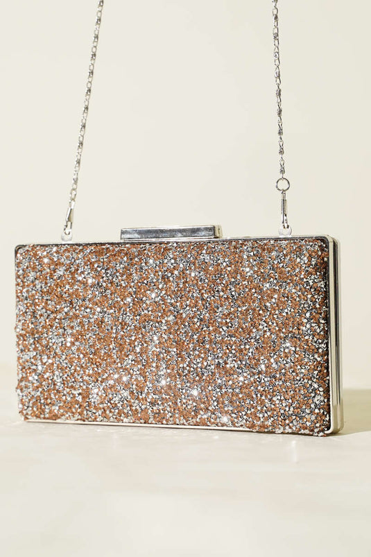 حقيبة سهرة مستطيلة مزينة بالأحجار نحاسية فضية