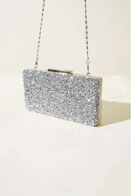 Rectangular Embellished Evening Bag, Silver