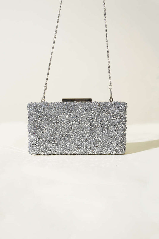 Rectangular Embellished Evening Bag, Silver