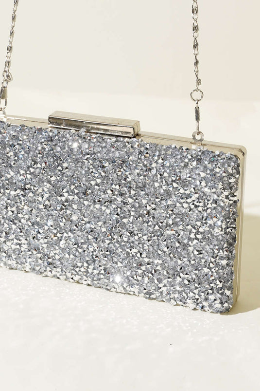 Rectangular Embellished Evening Bag, Silver