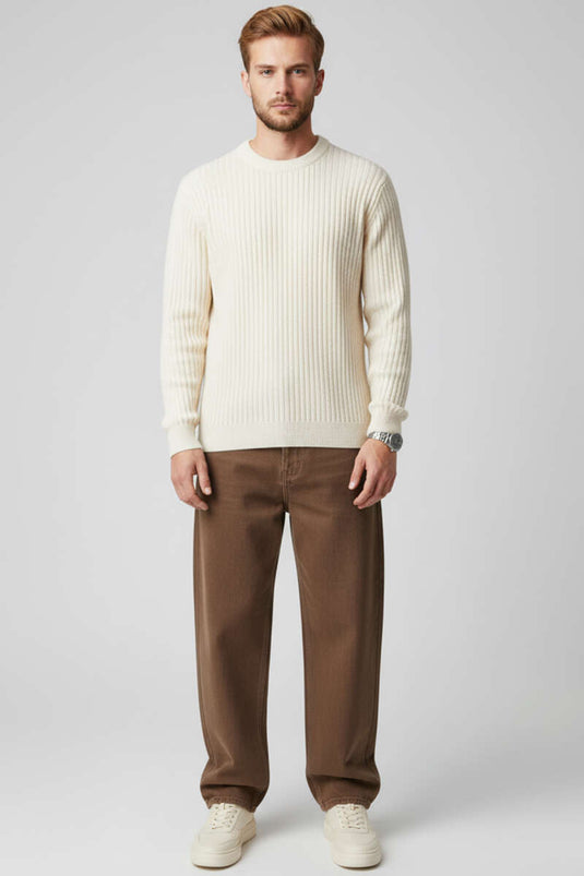 Vertical Stripe Ribbed Men's Knit Sweater, Beige