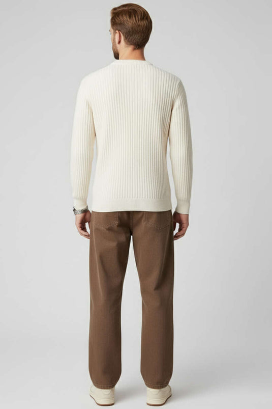 Vertical Stripe Ribbed Men's Knit Sweater, Beige