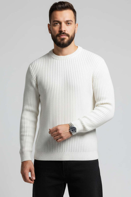 Pull homme en maille côtelée à rayures verticales, écru