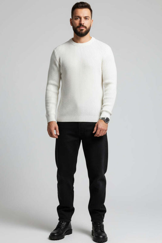 Vertical Stripe Ribbed Men's Knit Sweater, Ecru