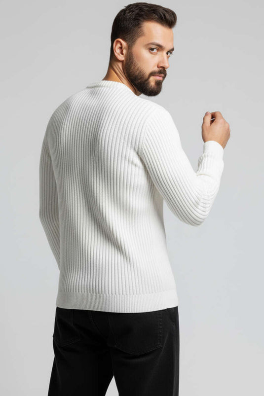 Vertical Stripe Ribbed Men's Knit Sweater, Ecru
