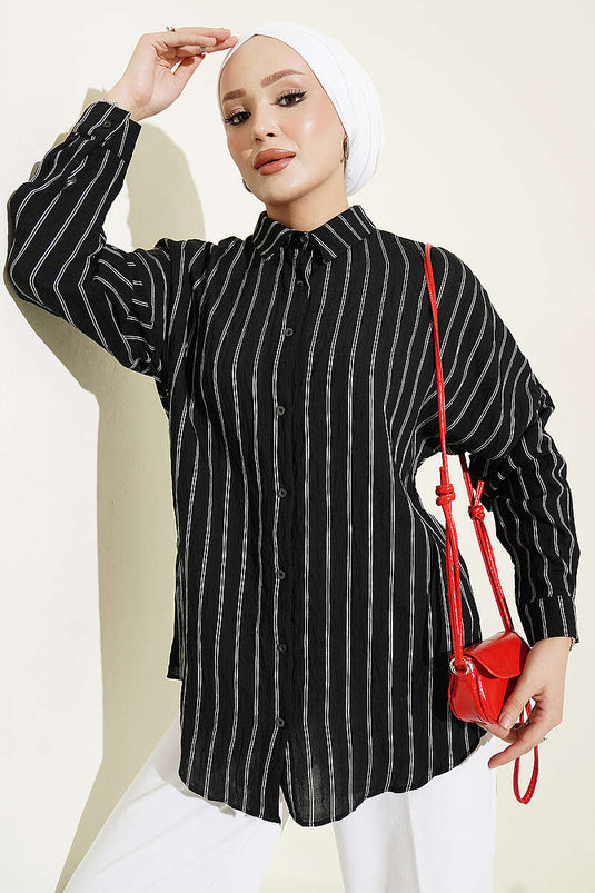 Camicia Basic A Righe Verticali Nera