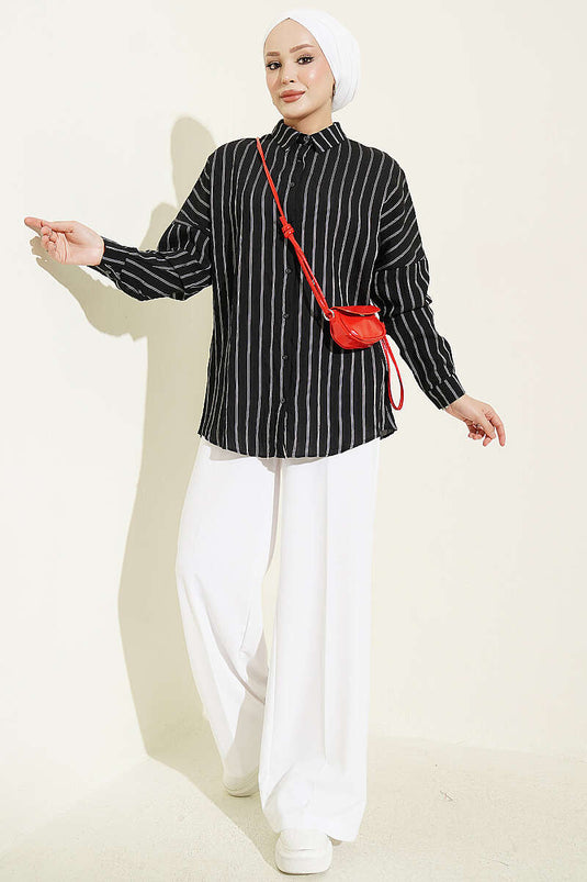 Camicia Basic A Righe Verticali Nera