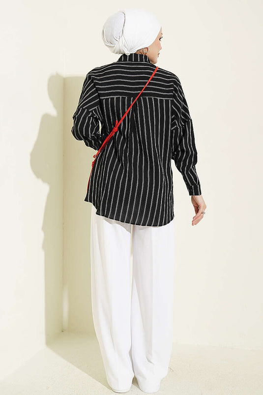 Camicia Basic A Righe Verticali Nera