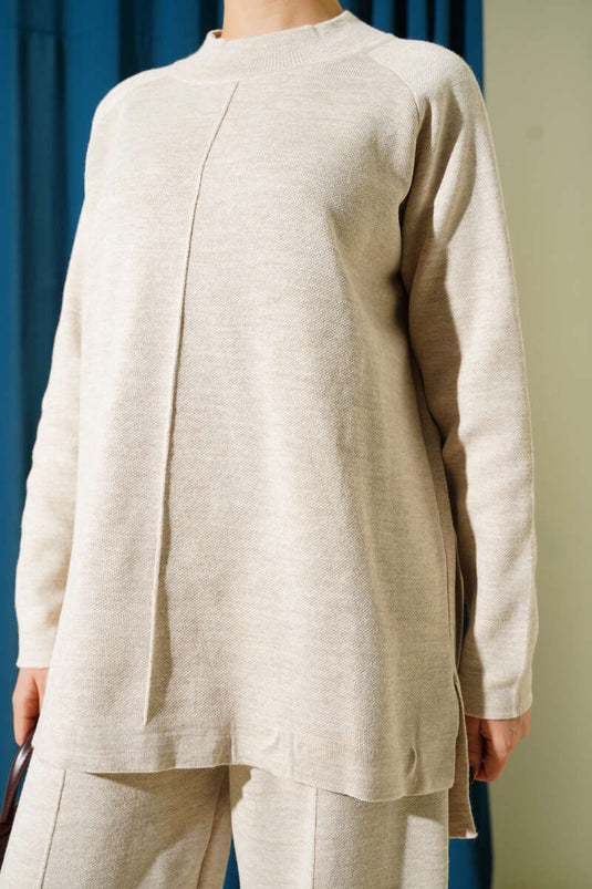 Zweiteiliges Strickset mit Ziernähten, Beige