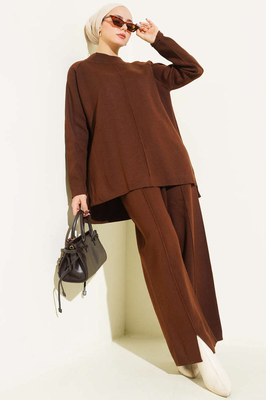 Dikiş Detaylı Basic Triko İkili Takım Kahve