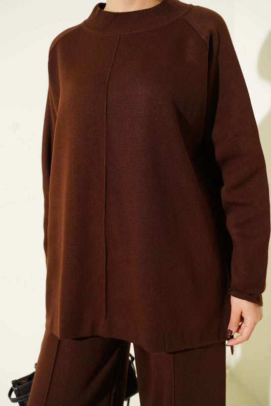 Dikiş Detaylı Basic Triko İkili Takım Kahve