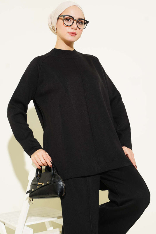 Zweiteiliges Basic-Set mit Ziernähten, Schwarz