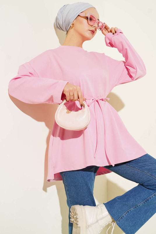 Dikiş Detaylı Duble Kol Tunik Pembe