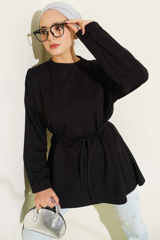 Dikiş Detaylı Duble Kol Tunik Siyah