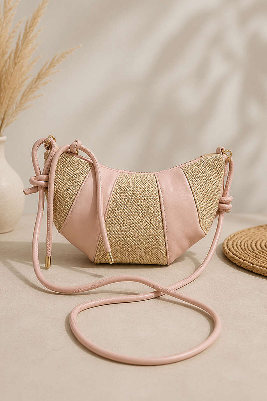 Dikiş Detaylı Fermuarlı Oval Çanta Pembe