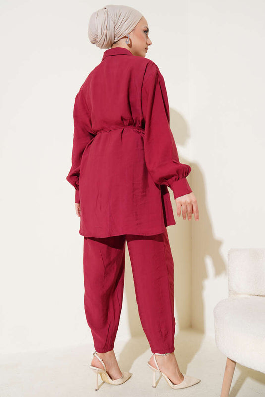 Seam Detailed Rope Belted Two Piece Suit Claret Red