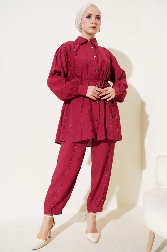 Seam Detailed Rope Belted Two Piece Suit Claret Red