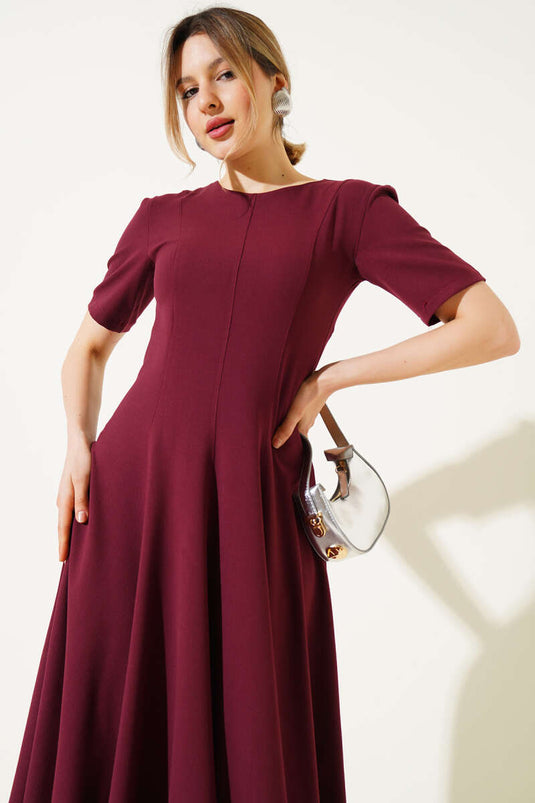 فستان ميدي بأكمام قصيرة وتفاصيل خياطة، لون عنابي