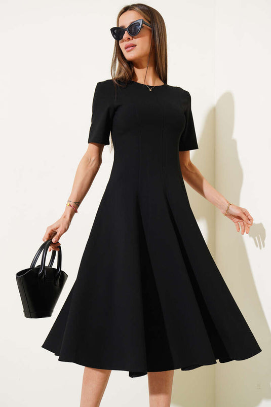 Short Sleeve Midi Dress with Stitching Detail, Black
