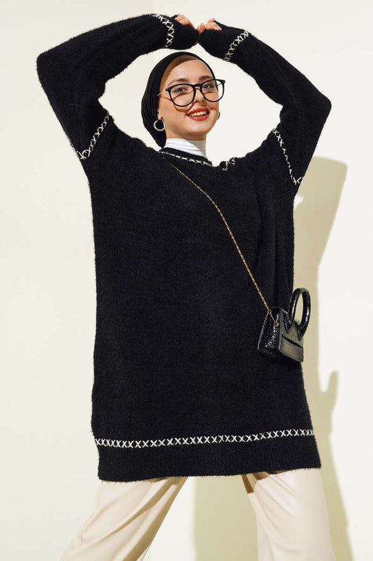 Dikiş Detaylı Triko Tunik Siyah