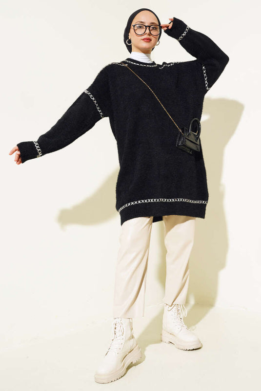 Dikiş Detaylı Triko Tunik Siyah