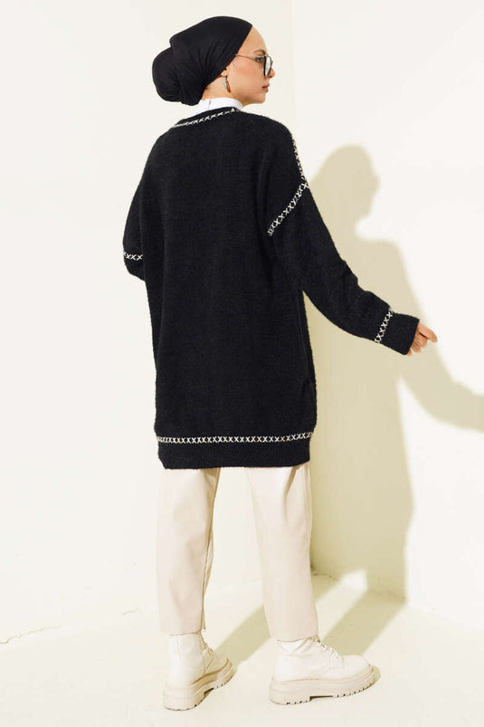 Dikiş Detaylı Triko Tunik Siyah