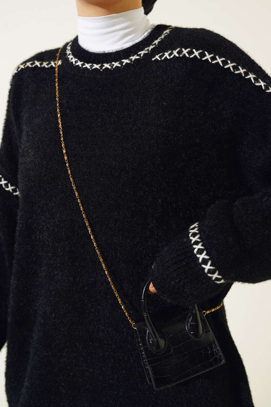 Dikiş Detaylı Triko Tunik Siyah