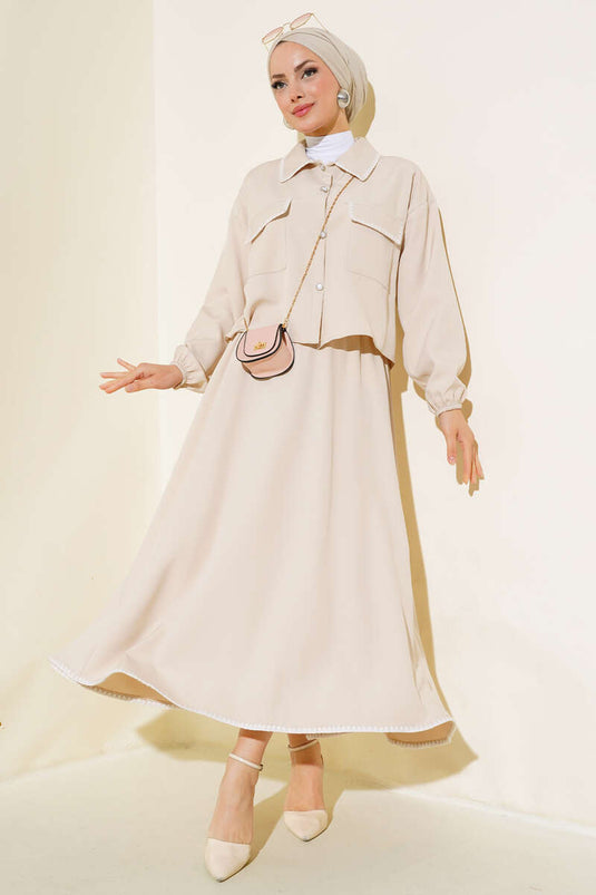 Costume Double avec Veste Surpiquée Beige