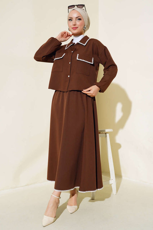 Costume Double avec Veste Surpiquée Marron