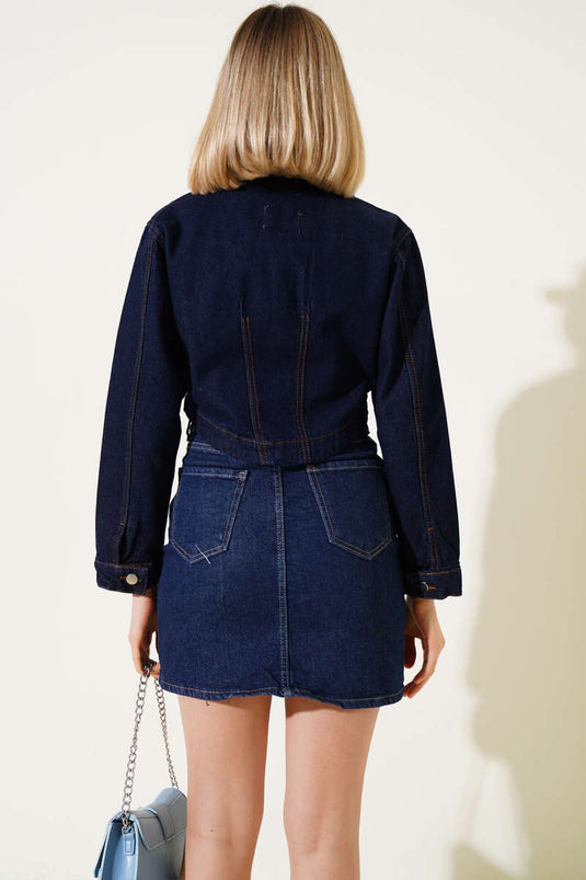 Veste en jean courte à coutures bleu marine