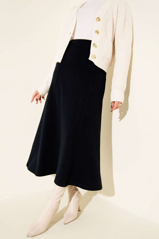 Jupe en velours côtelé et cachemire à coutures apparentes, bleu marine