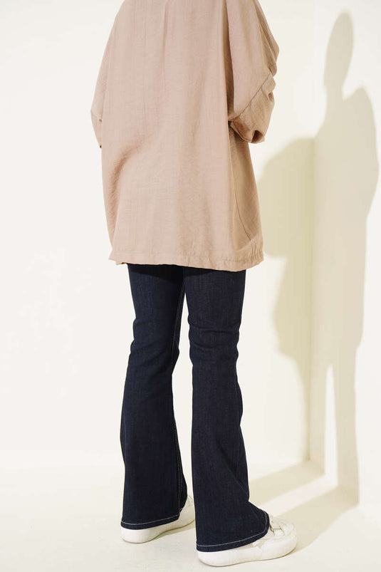 Dikişli İspanyol Paça Kot Pantolon Lacivert