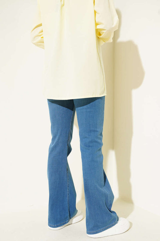 Dikişli İspanyol Paça Kot Pantolon Orta Mavi