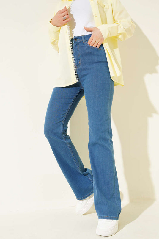 Dikişli İspanyol Paça Kot Pantolon Orta Mavi