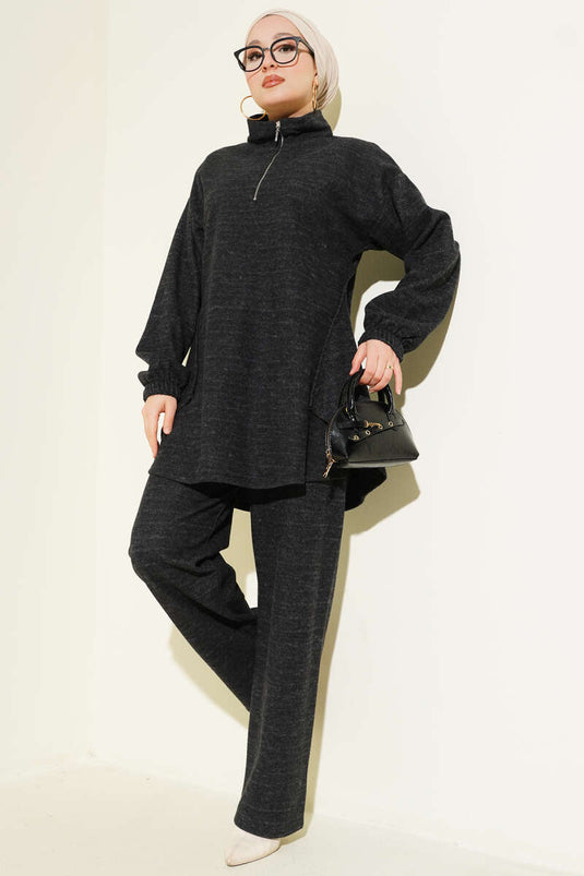 Dikişli Yarım Fermuarlı Kaşe İkili Takım Antrasit