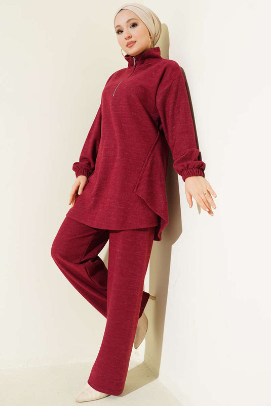 Dikişli Yarım Fermuarlı Kaşe İkili Takım Bordo