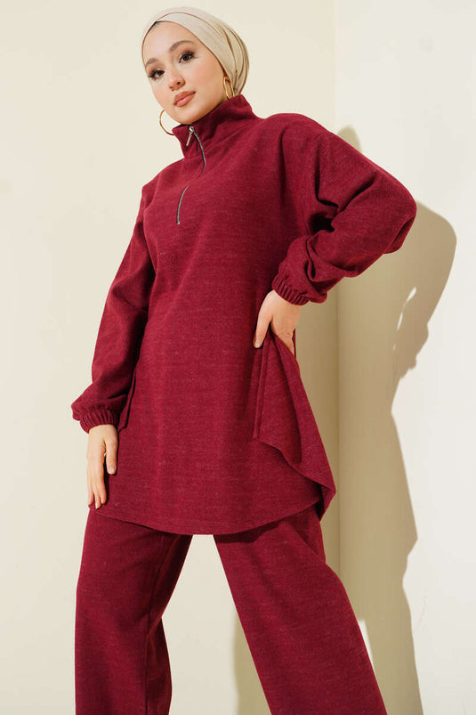 Dikişli Yarım Fermuarlı Kaşe İkili Takım Bordo