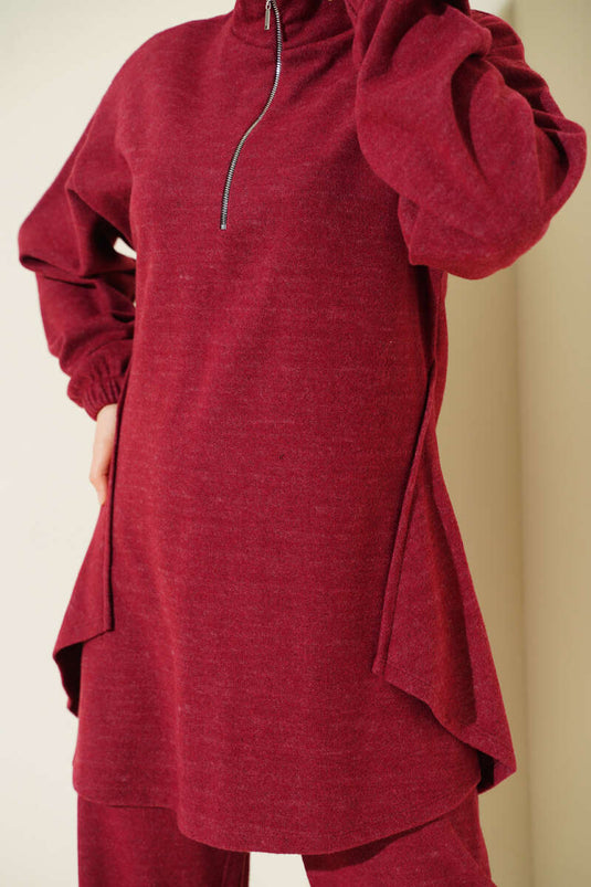 Dikişli Yarım Fermuarlı Kaşe İkili Takım Bordo