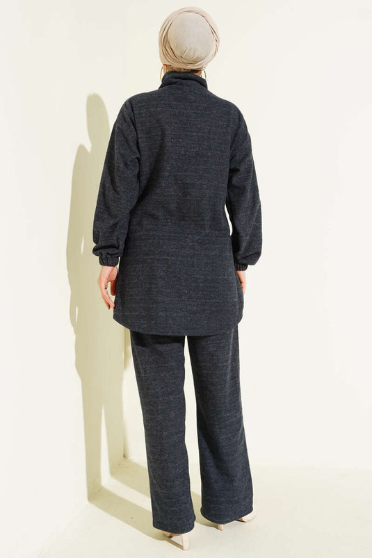 Zweiteiliges Set aus genähtem Kaschmir mit halbem Reißverschluss, Rauchgrau