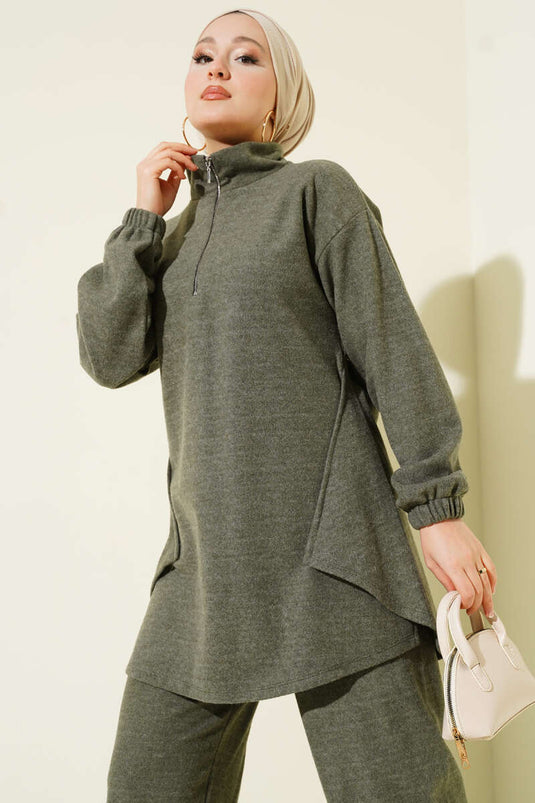 Zweiteiliges Set aus genähtem Kaschmir mit halbem Reißverschluss, Khaki