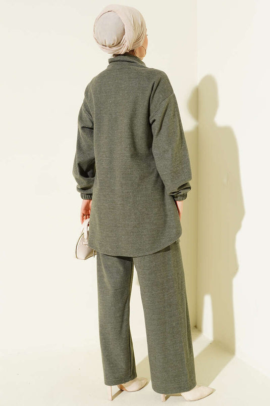 Zweiteiliges Set aus genähtem Kaschmir mit halbem Reißverschluss, Khaki