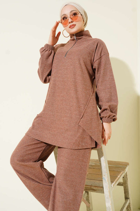 Zweiteiliges Set aus genähtem Kaschmir mit halbem Reißverschluss, Kaffeebraun