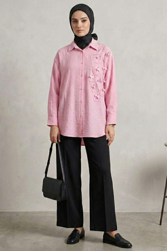 Textured Crepe Floral Shirt Pink