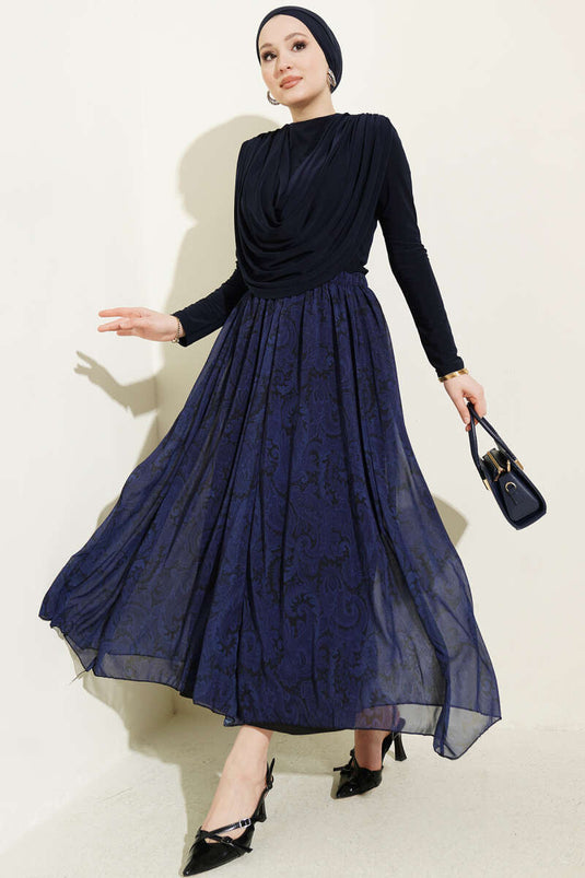 Flowy Collar Patterned Two-Piece Set Navy Blue