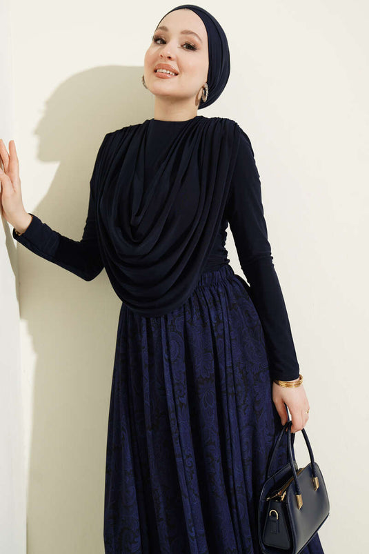 Flowy Collar Patterned Two-Piece Set Navy Blue