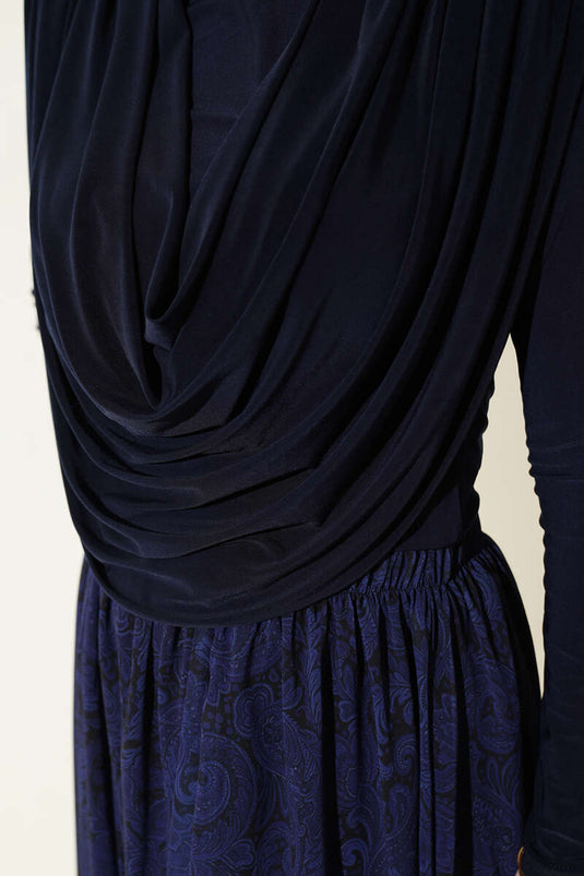 Flowy Collar Patterned Two-Piece Set Navy Blue